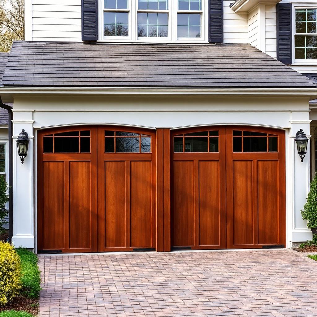 Carriage style wooden garage doors on New England colonial home